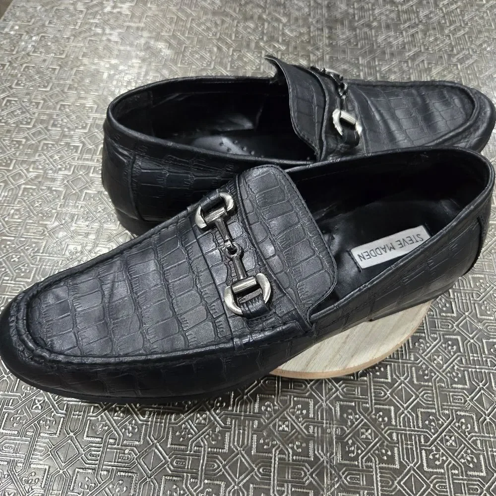 🐢 Steve Madden P-Donnel Black Croc Embossed Men's Leather Loafer - Size 10.5
